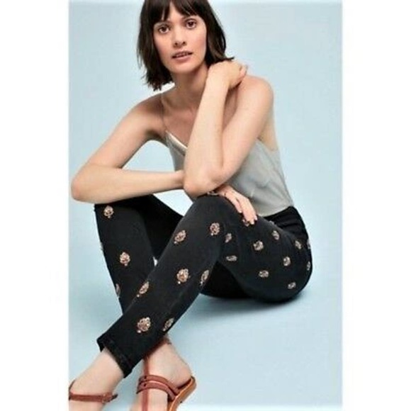 Anthropologie Pilcro Black Script Beaded Jeans 26 - Picture 2 of 9